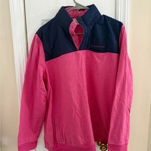 Vineyard Vines women's pink & navy quilted snap pullover with a foldable hood XL